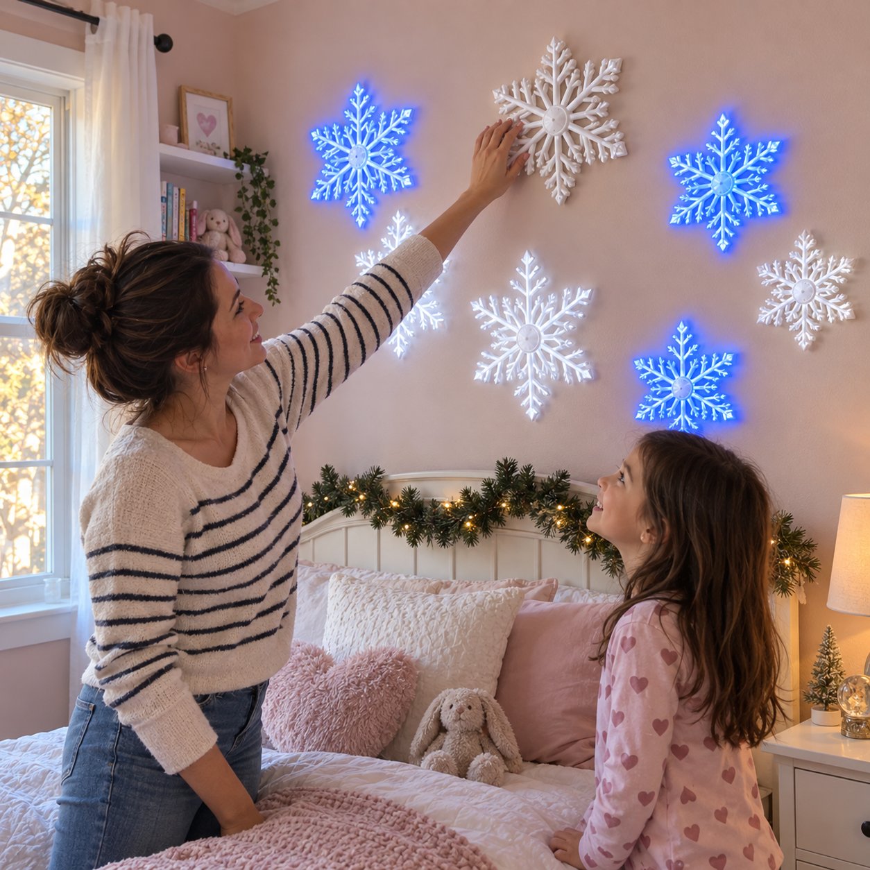 Mother and daughter arranging LED snowflake lights on a bedroom wall