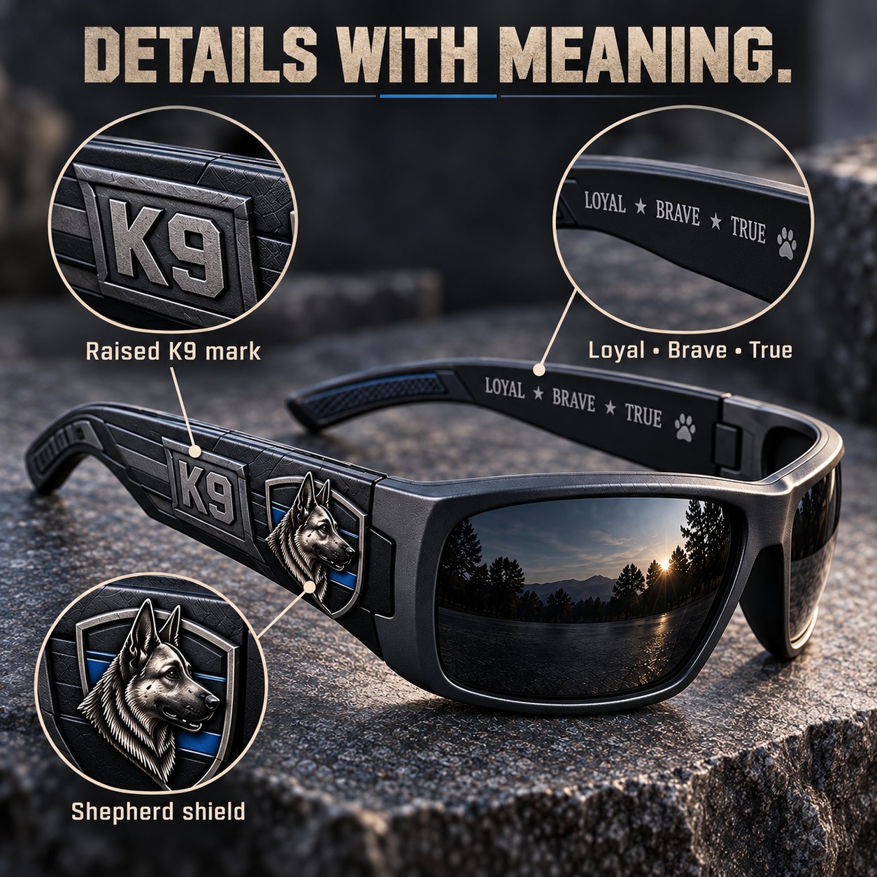 Black Shield detail guide showing the raised K9 mark, shepherd shield, and inner temple message