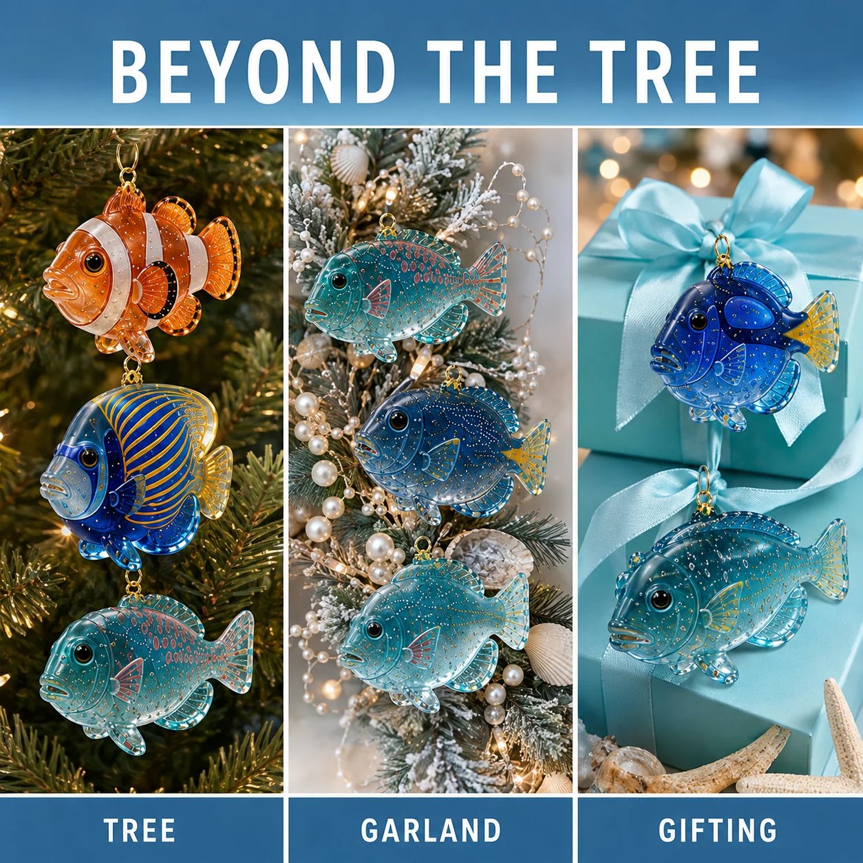 Sea glass fish ornaments used on Christmas tree garland and gifts