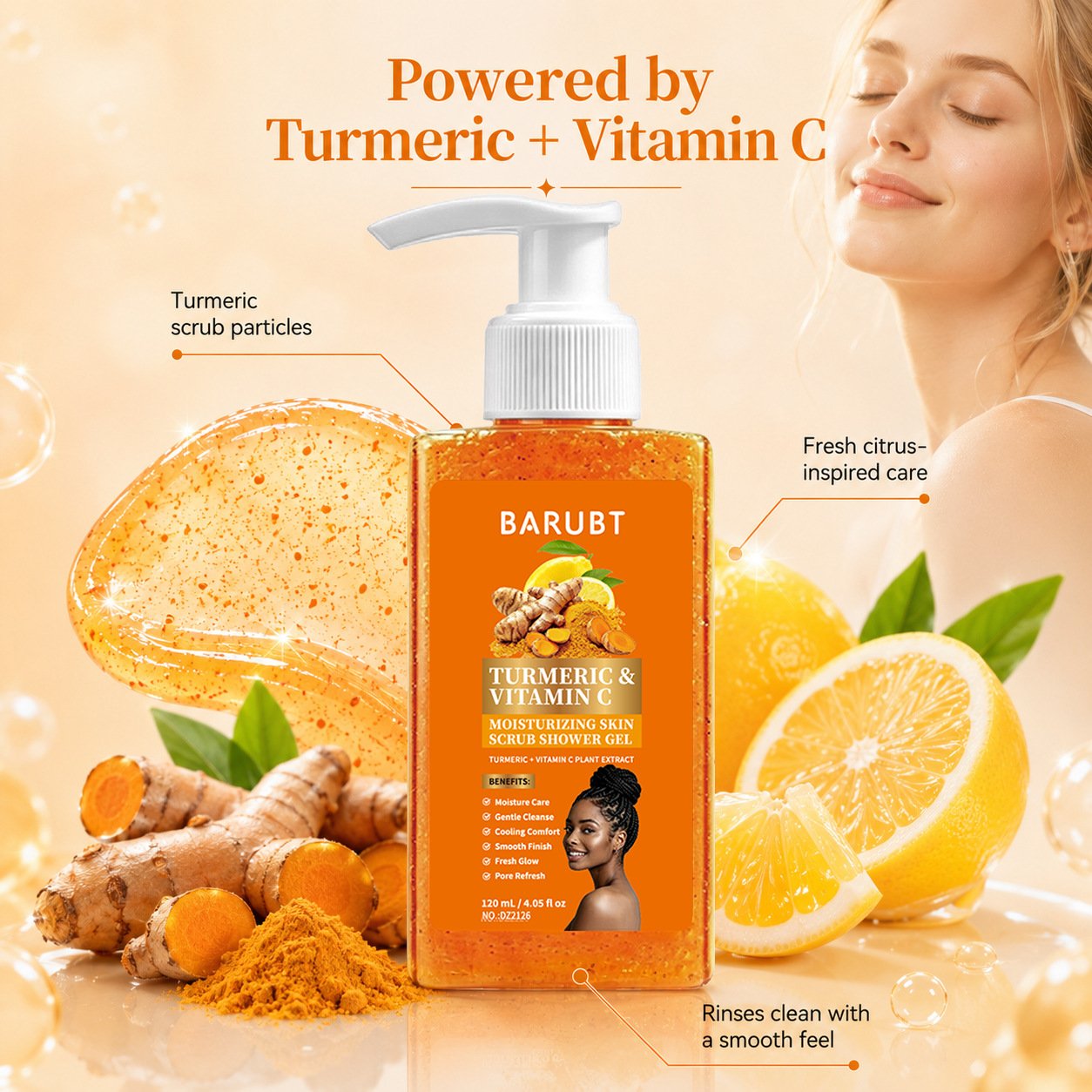 Turmeric scrub particles and fresh citrus-inspired care close-up