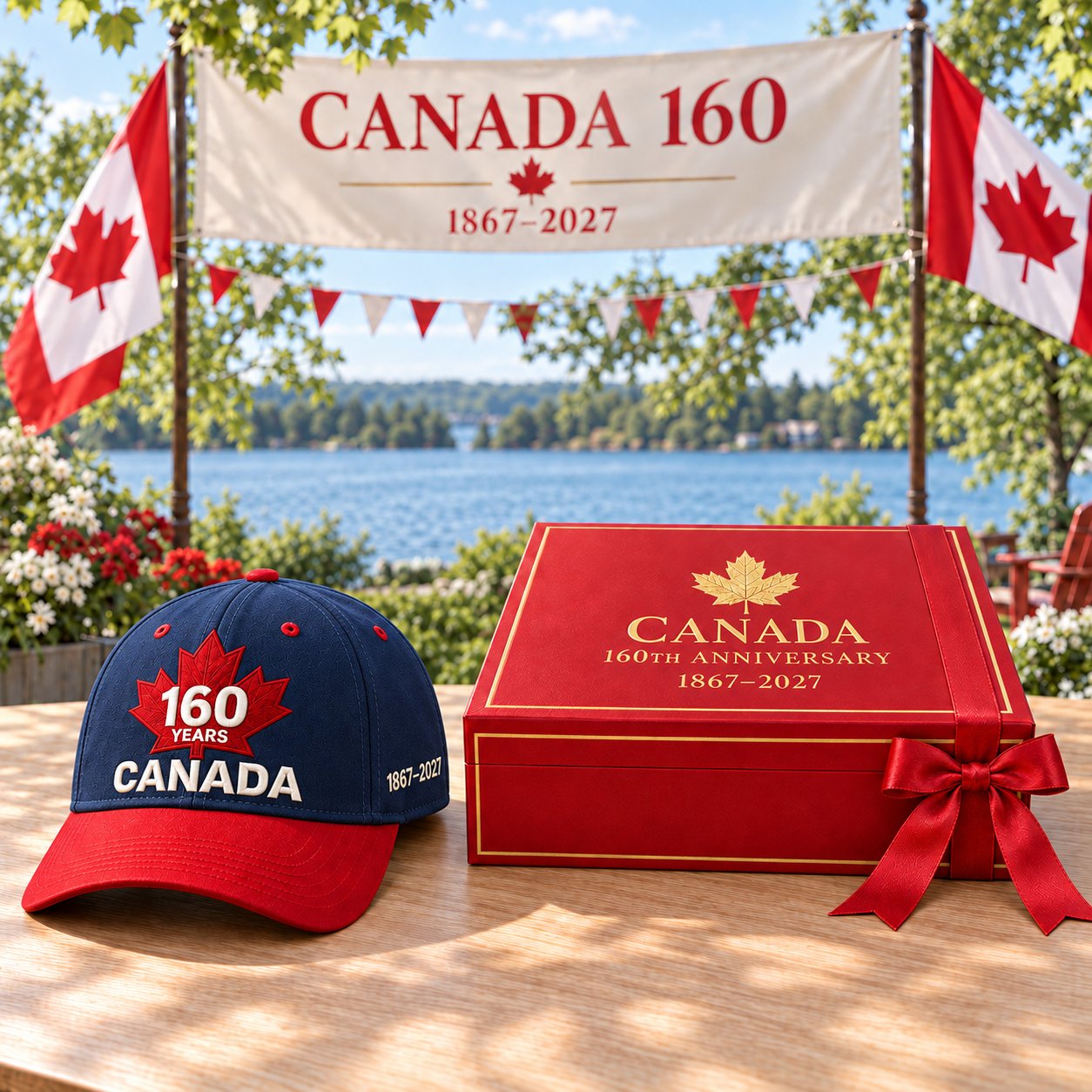 Navy and red anniversary cap with the closed red and gold gift box
