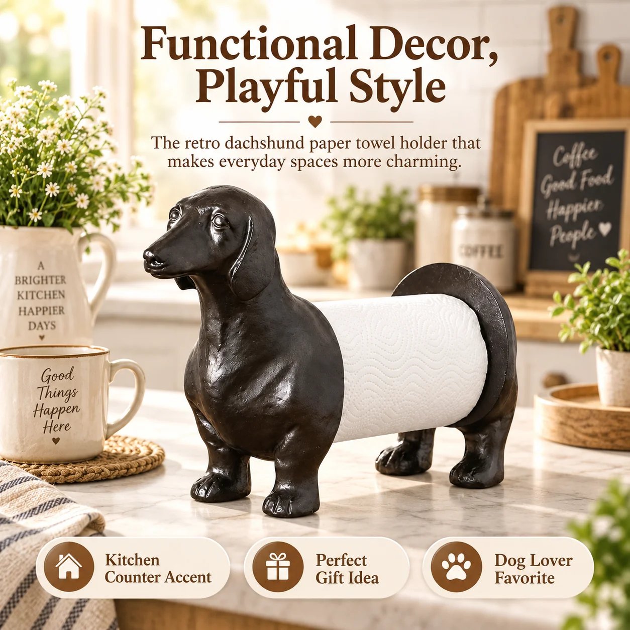 Vintage dog paper towel holder on kitchen counter