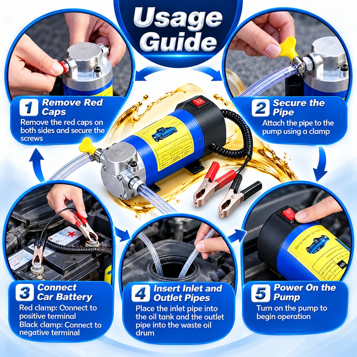 Oil extractor setup guide showing hose attachment, battery clips and power switch