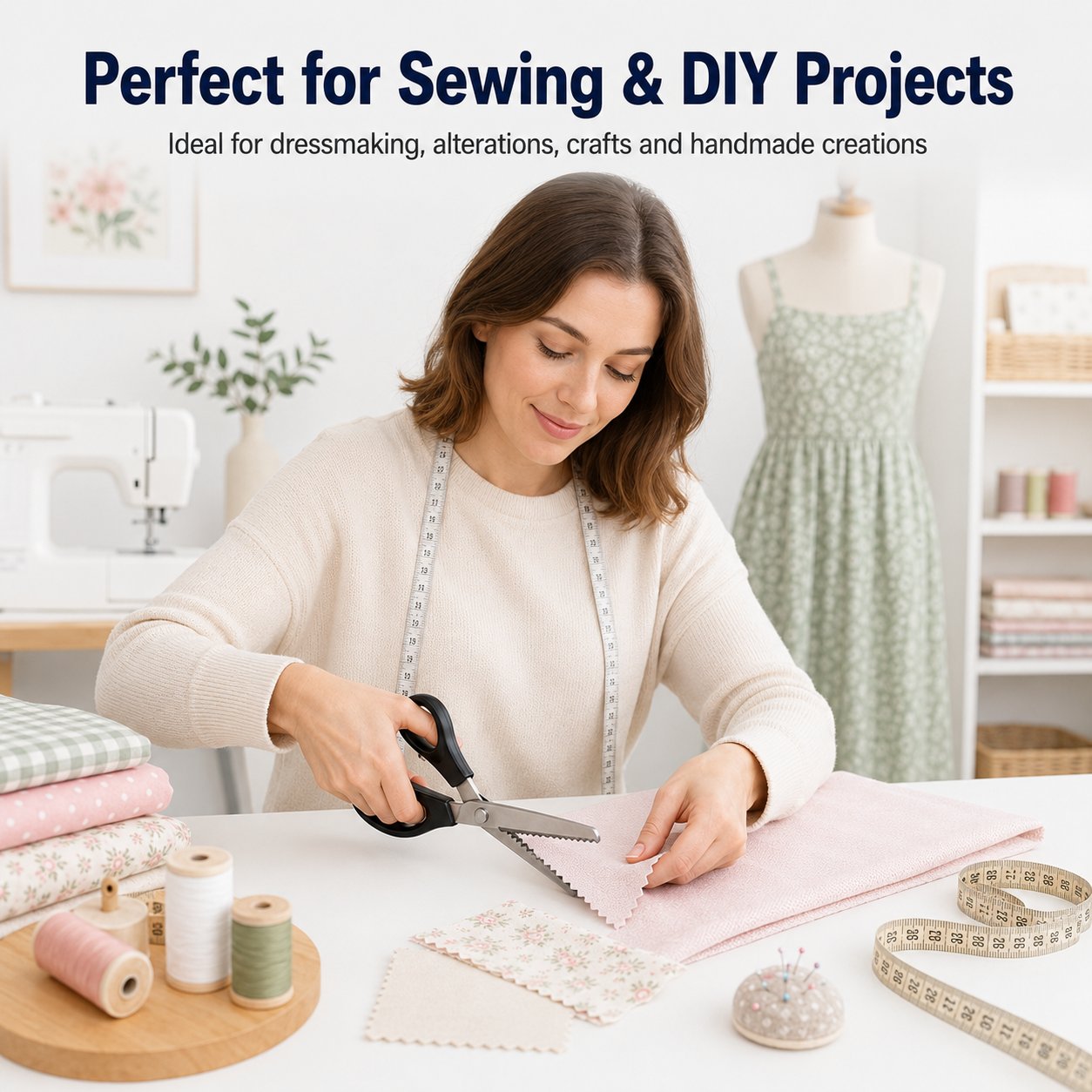 Woman using zig zag pinking shears at a sewing and dressmaking table