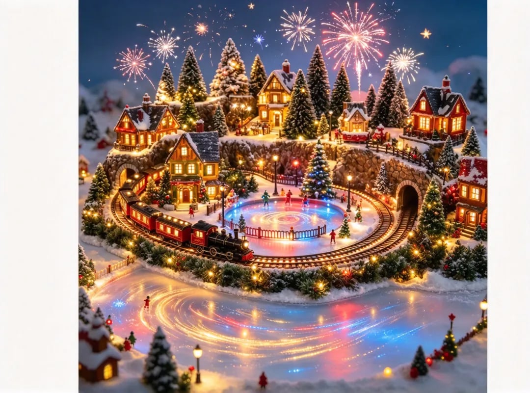 Animated holiday train and ice rink scene feature overview