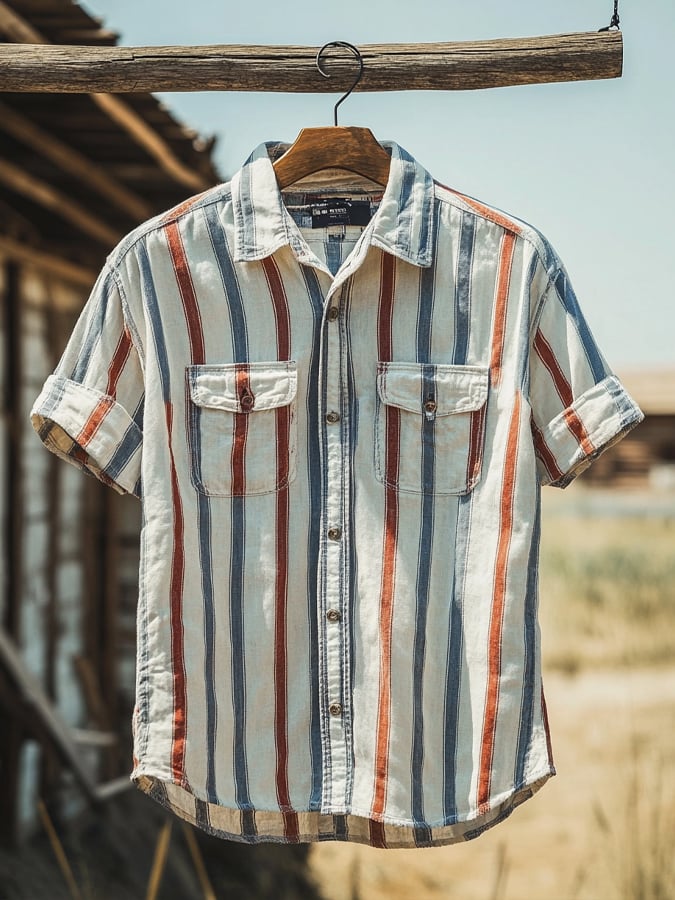 Retro Contrast Stitching Pocket Short-Sleeved Shirt