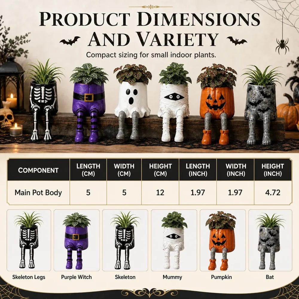 Halloween hanging leg planter dimensions and styles