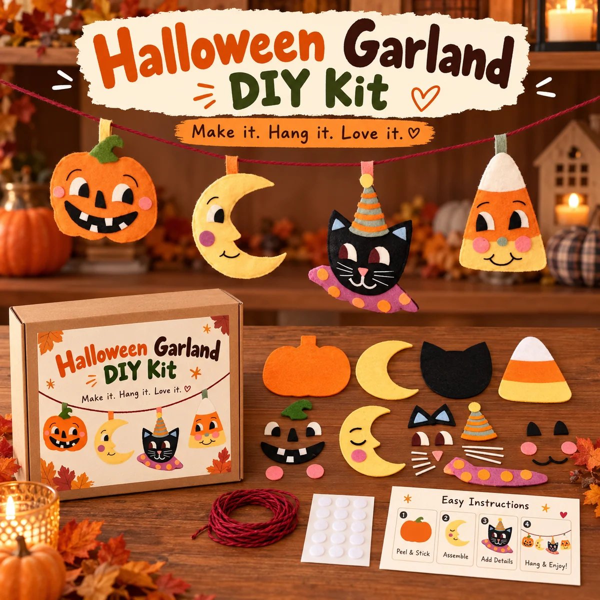 Halloween Garland DIY Kit with felt pumpkin moon black cat and candy corn