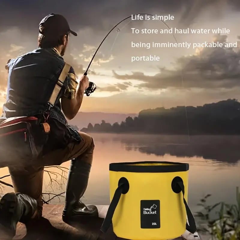Yellow folding water bucket used during a fishing trip