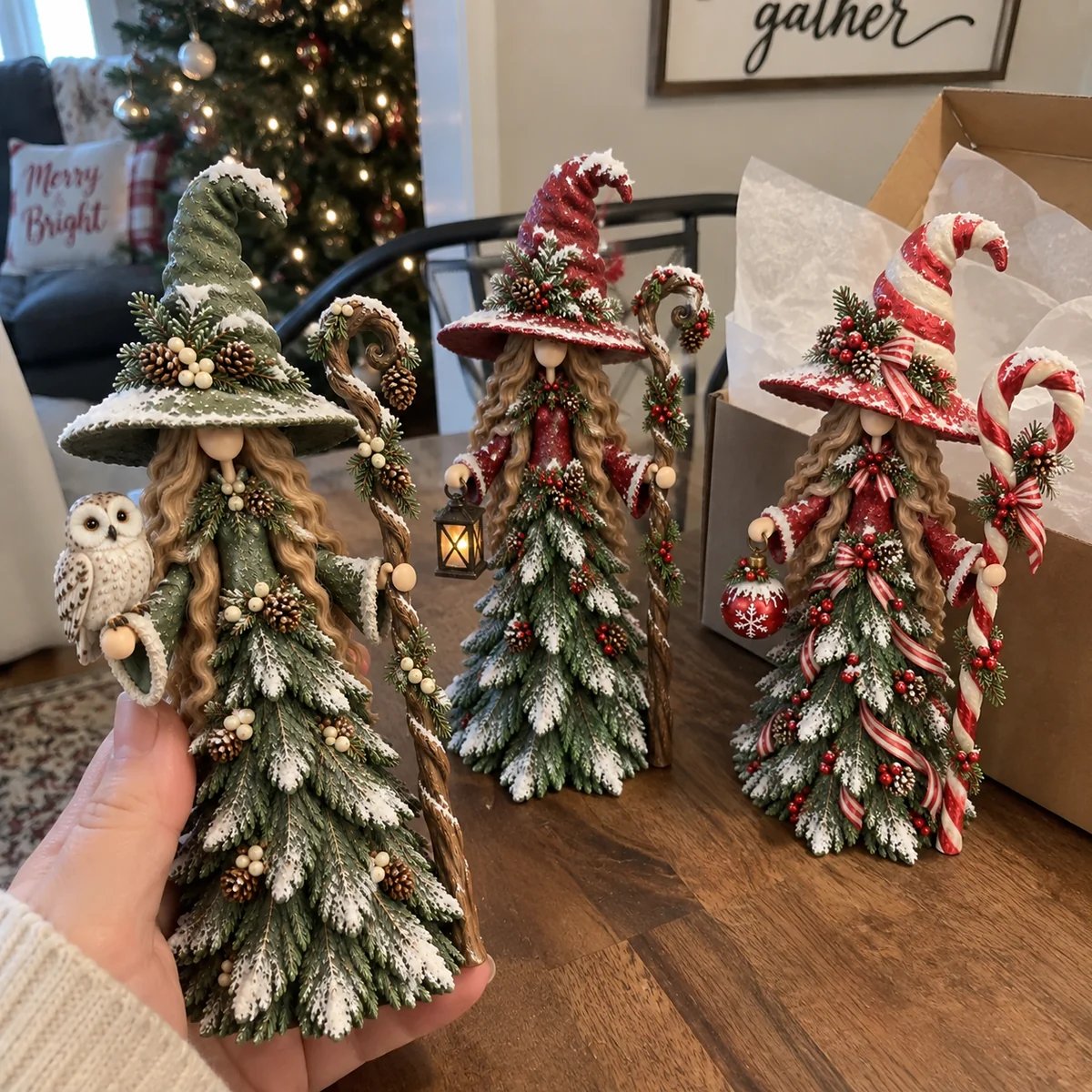 Phone-style photo showing all three Christmas witch figurines