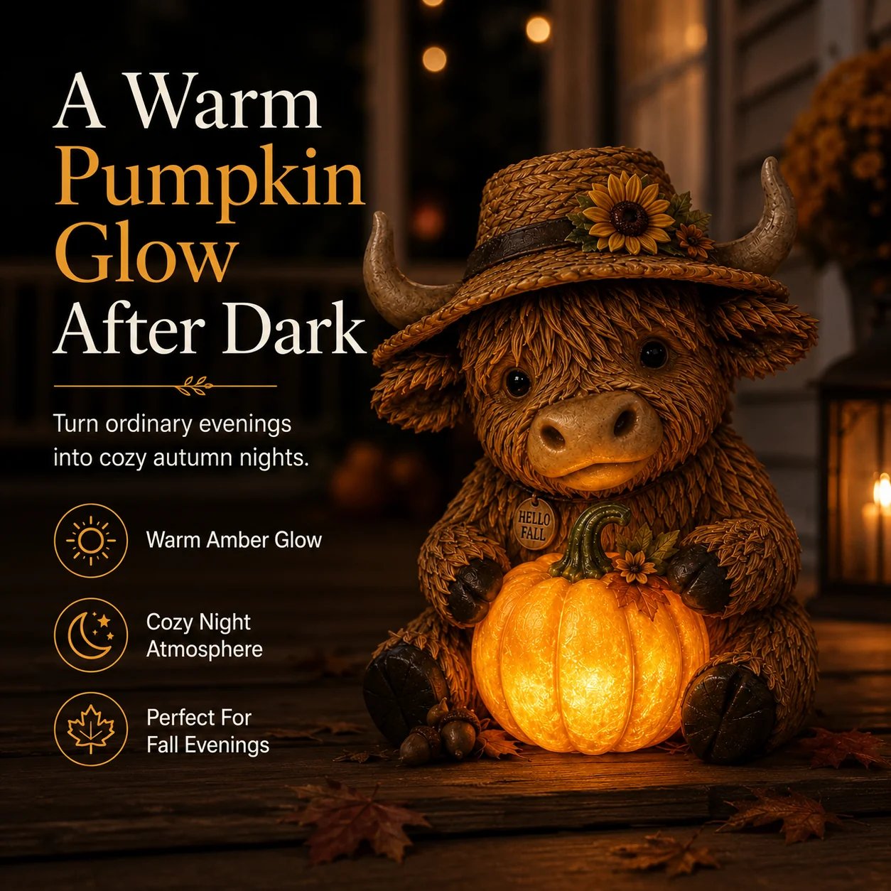 Warm glowing Highland Cow Pumpkin Light