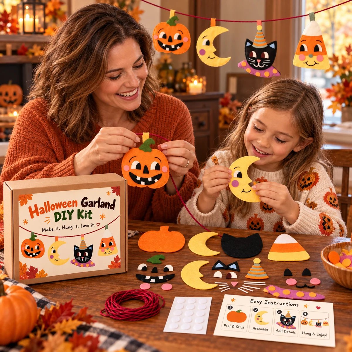 Family making Halloween felt garland together