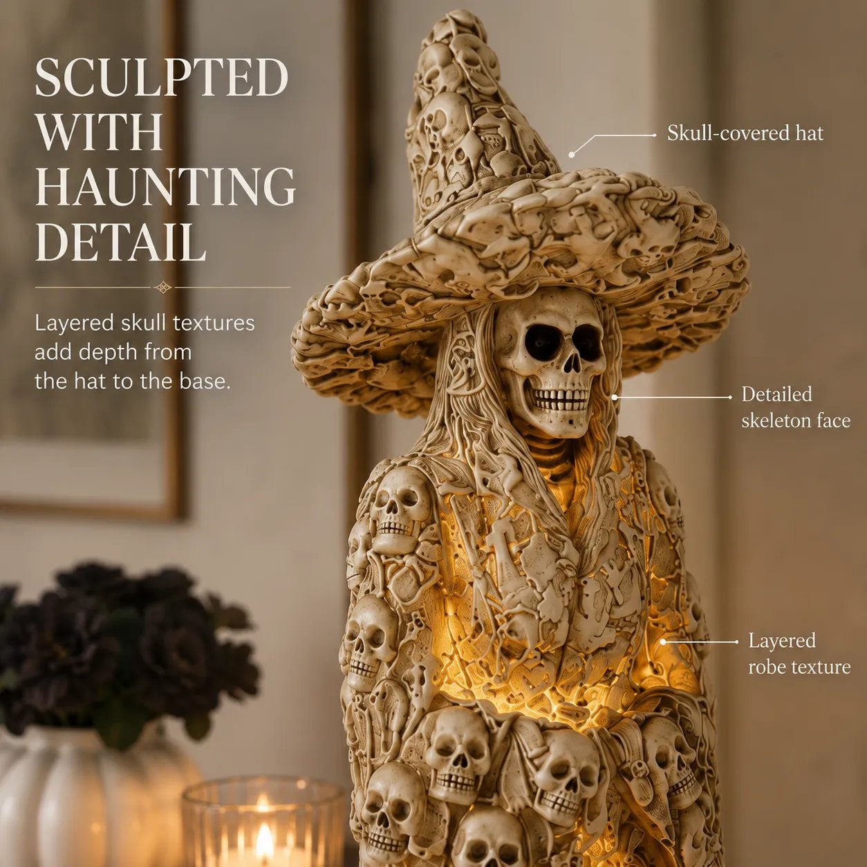 Detailed skulls and sculpted texture on the witch lantern statue