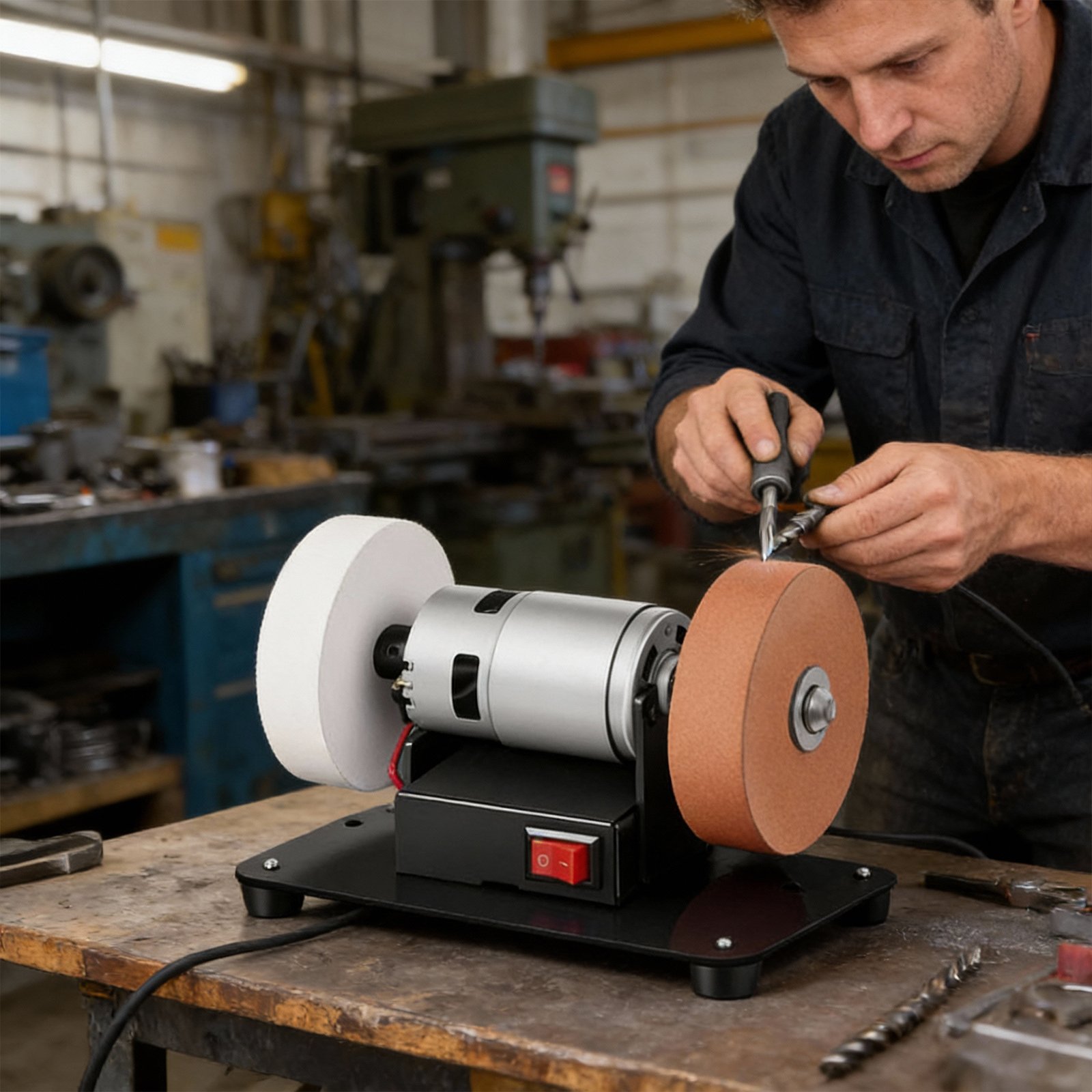 Worker sharpening a twist drill bit on the grinder in a workshop