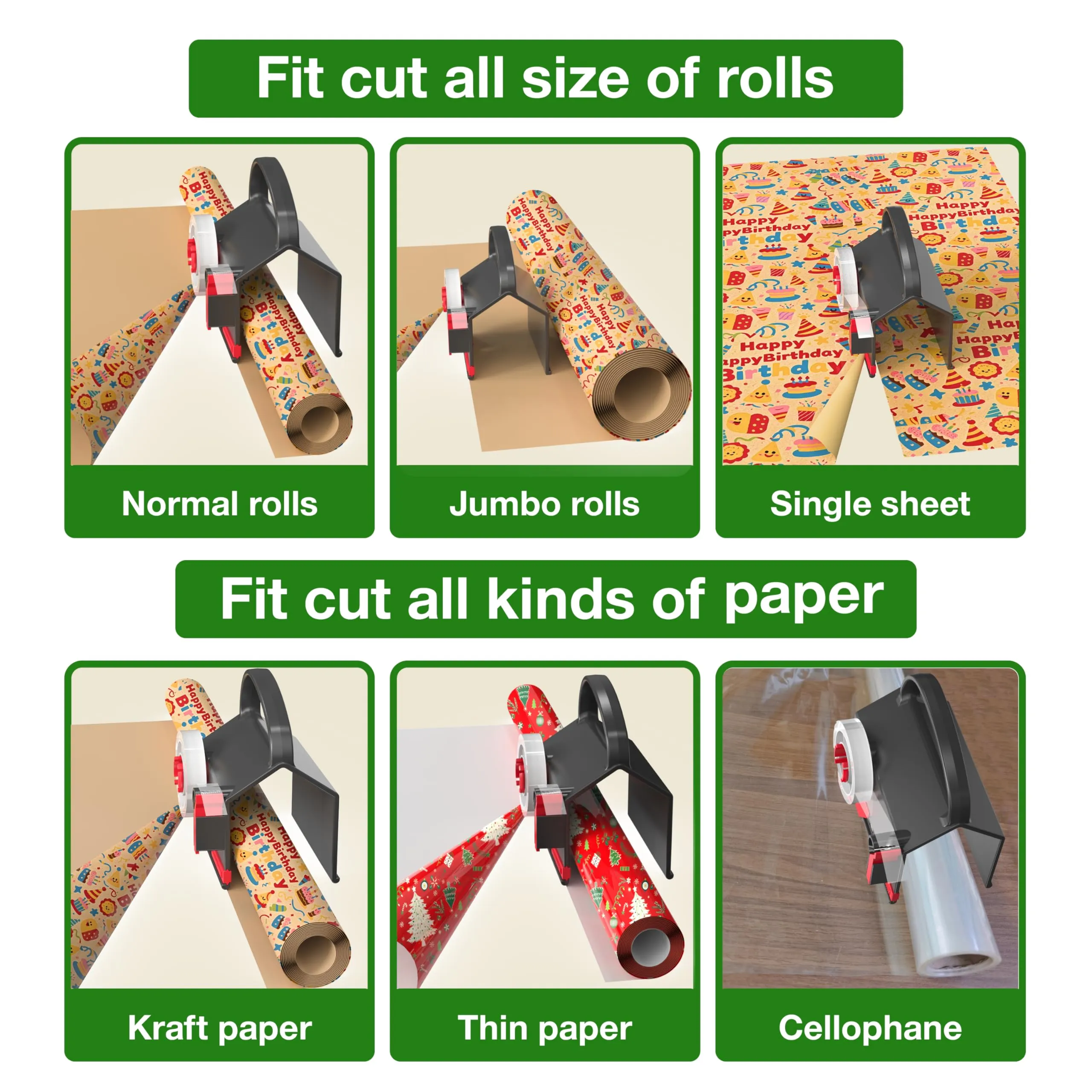 DHG 2-Pack Dual-Use Wrapping Paper Cutter & Tape Dispenser Kit, Sliding Roll Slicer Holder with 4 Tape Rolls & 2 Spare Blades, Multifunctional Stationery Cutting Supplies for Home Office, Handles Cellophane Neatly, Fits Kraft Paper, Holiday