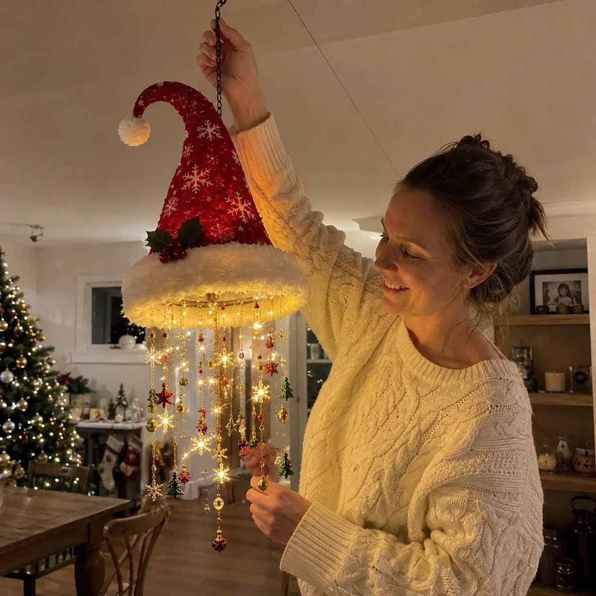Customer holding Santa hat chandelier