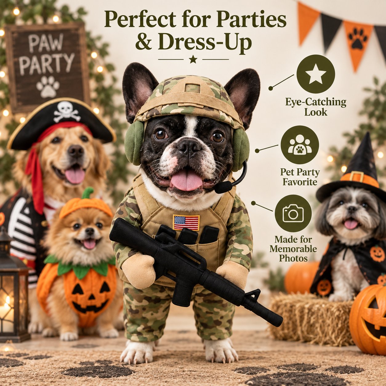 Dog wearing the soldier costume at a Halloween pet party