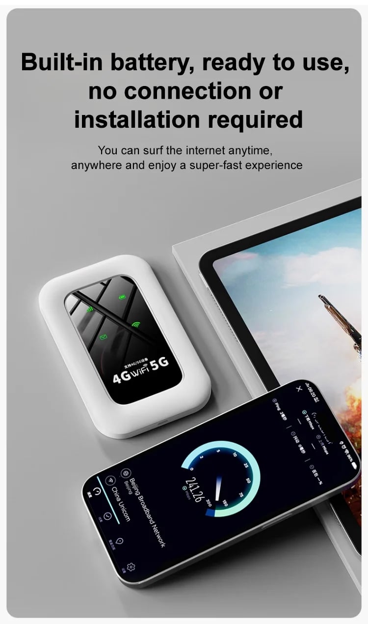 Portable WiFi hotspot showing high speed on a phone screen