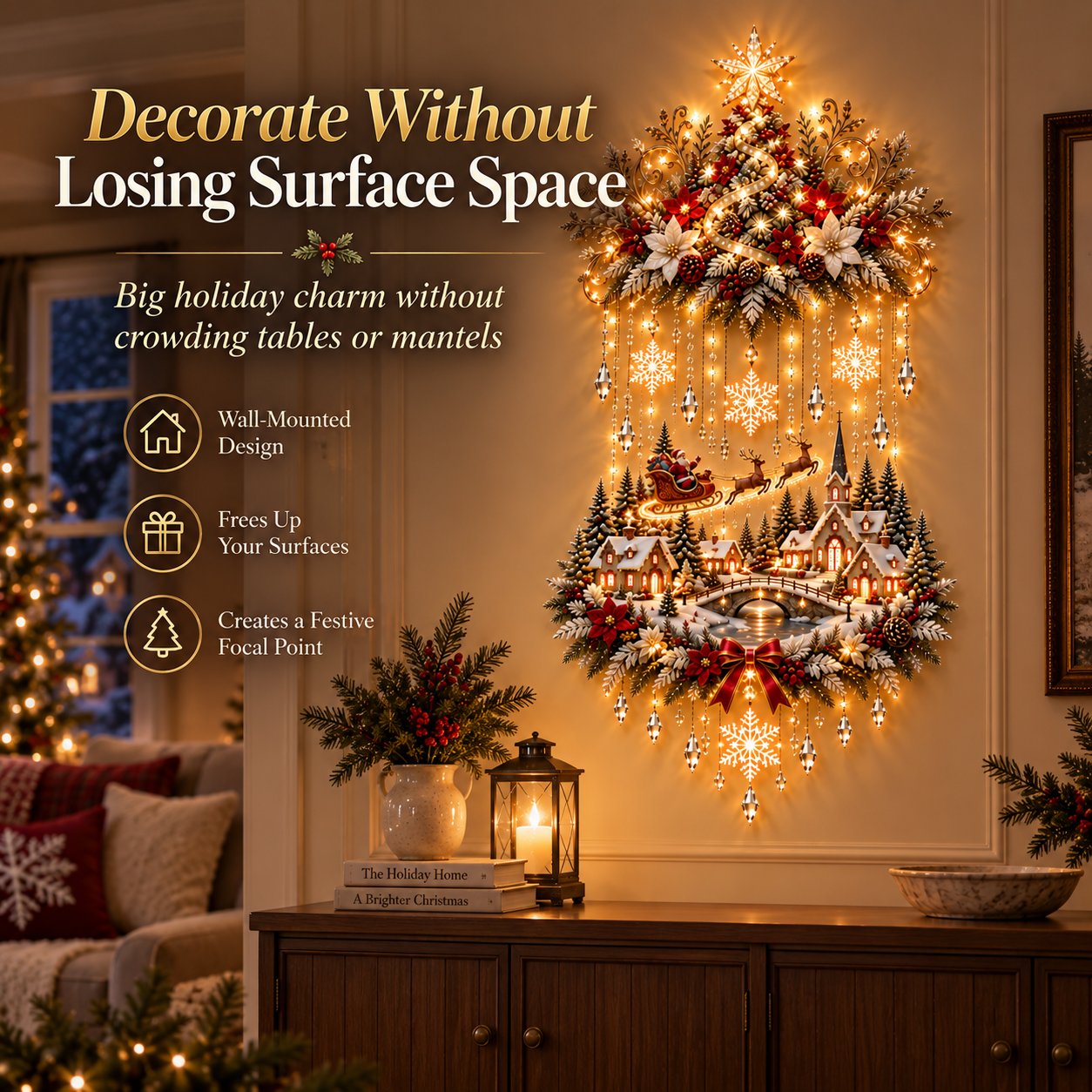Vertical Christmas wall display above a console with the tabletop kept open