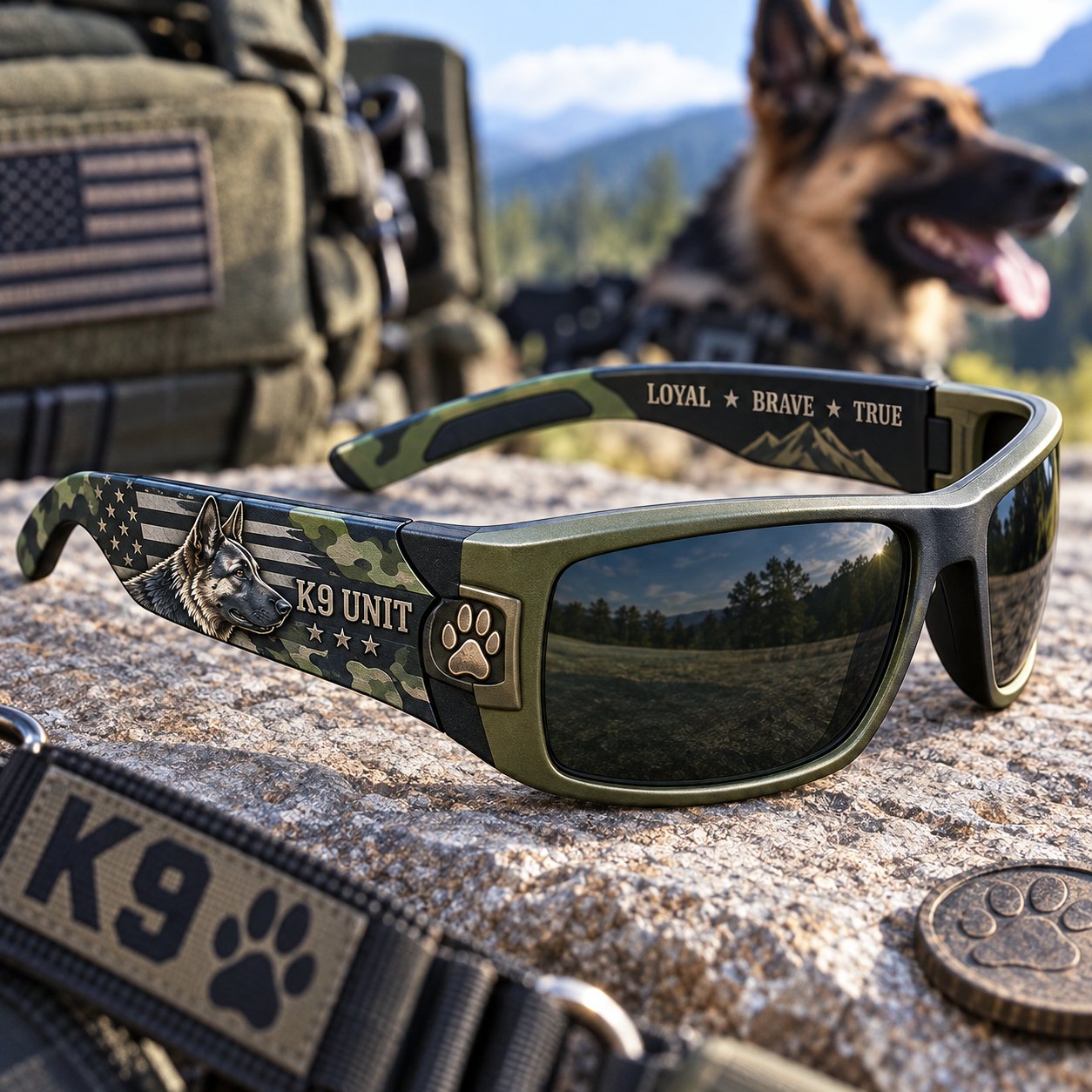 Field Green K9 Guardian sunglasses with working-dog side artwork