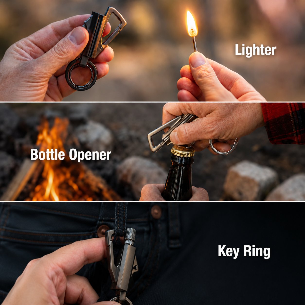 Refillable metal permanent match bottle opener keychains in gunmetal, gold-tone and silver-tone finishes