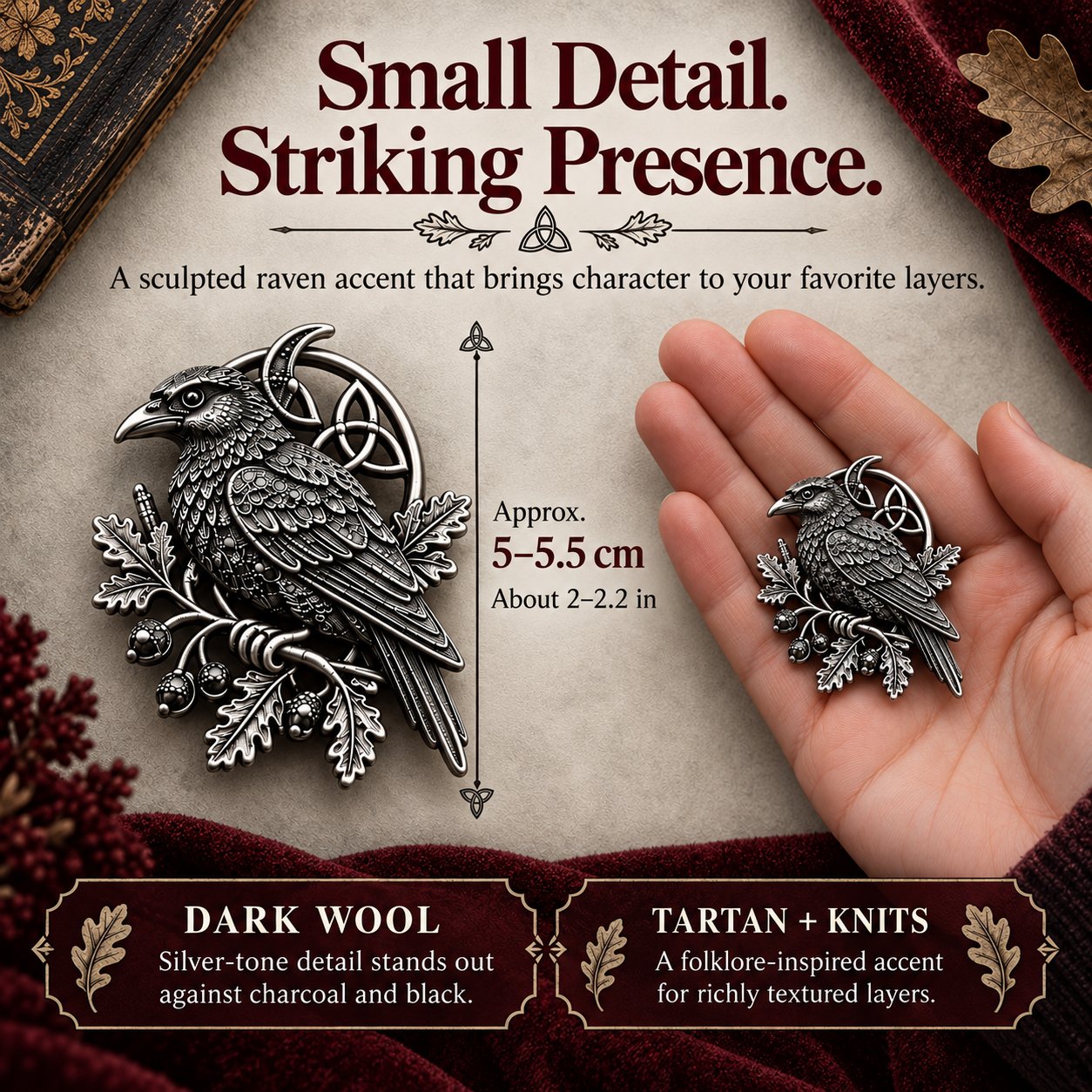 Silver raven brooch with approximately 5–5.5 cm size marking and an open-palm view