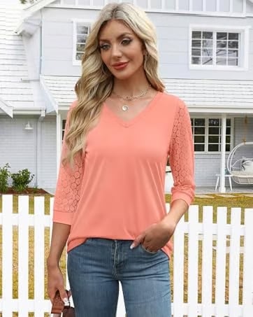 Coral lace sleeve top worn outdoors with jeans