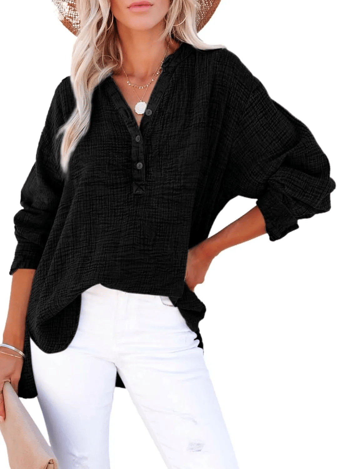 Limited time sale🔥Womens Casual Gauze Button Neck Long Sleeve Oversized BlousesTops(BUY 2 FREE SHIPPING)1