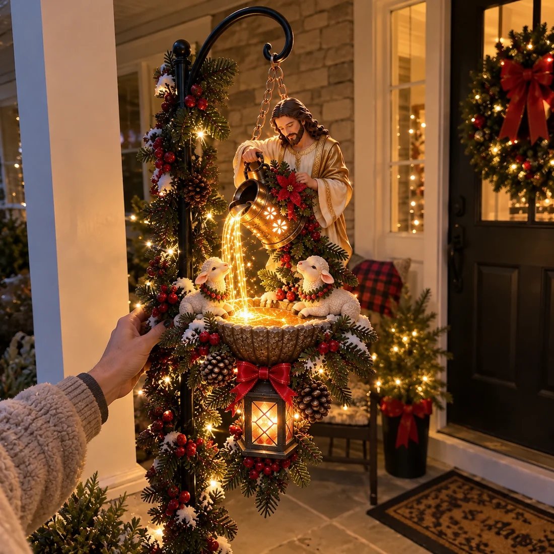Jesus hanging fountain displayed on porch during daytime