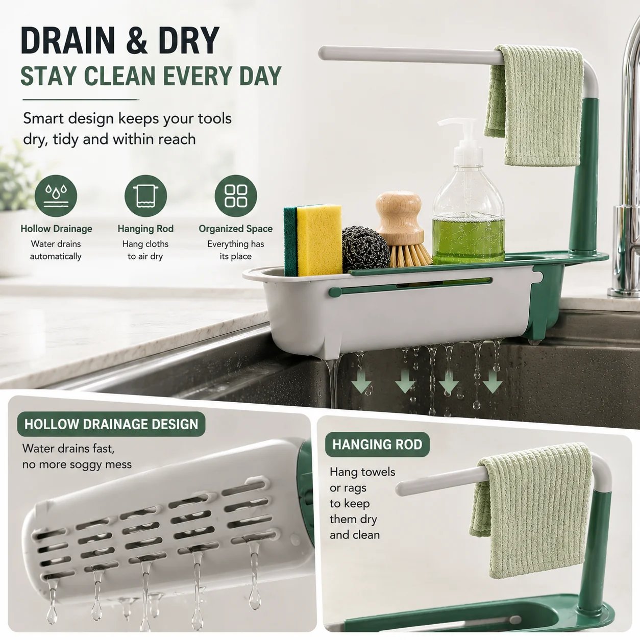 Adjustable telescopic sink organizer extending across sink