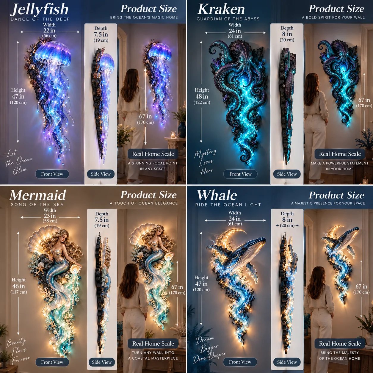 Size guide with front, side and room views for all four ocean wall decor designs