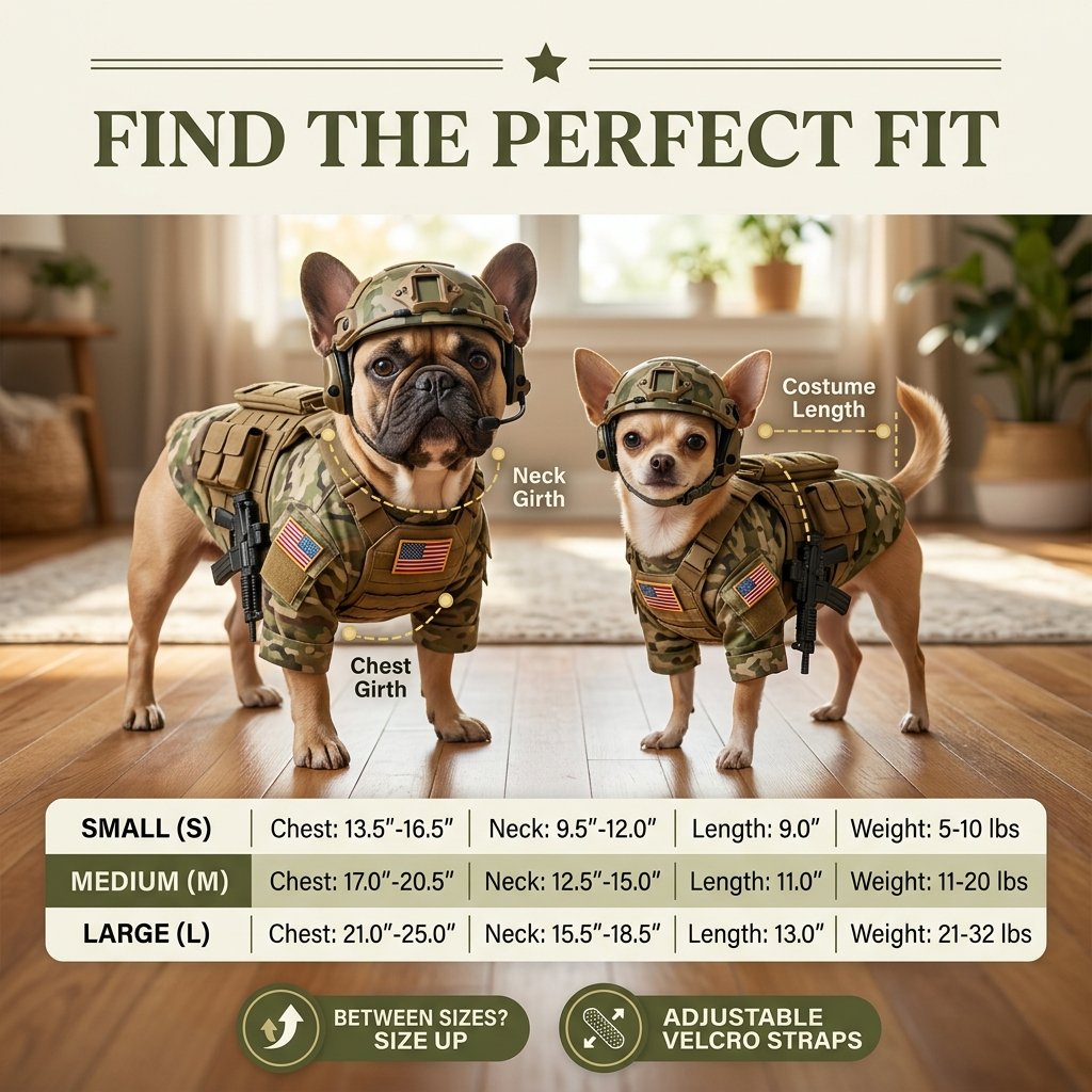 Soldier costume size guide showing chest, neck and length measurements