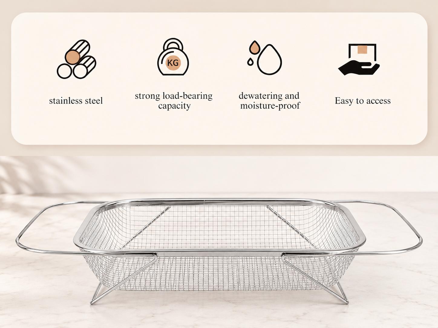Stainless Steel Over-The-Sink Colander Strainer Basket, Expandable Rectangle Fine Mesh Kitchen Utensils with Handles, Silver Kitchen Essential