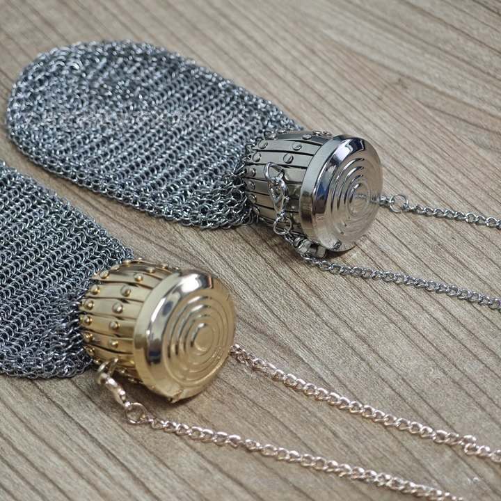 Full vintage stainless steel mesh coin purse with open lid and chain