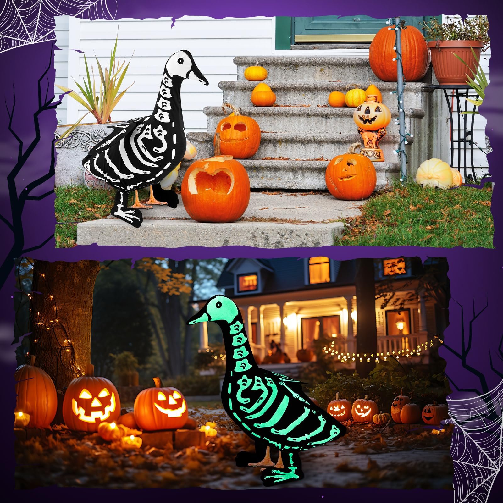 Halloween Porch Goose Outfits Glow in the Dark Skeleton Pumpkin Costume Clothes Accessories for 23'' Plastic/ Cement Goose Statue, Halloween Outdoor Patio Yard Lawn Decoration
