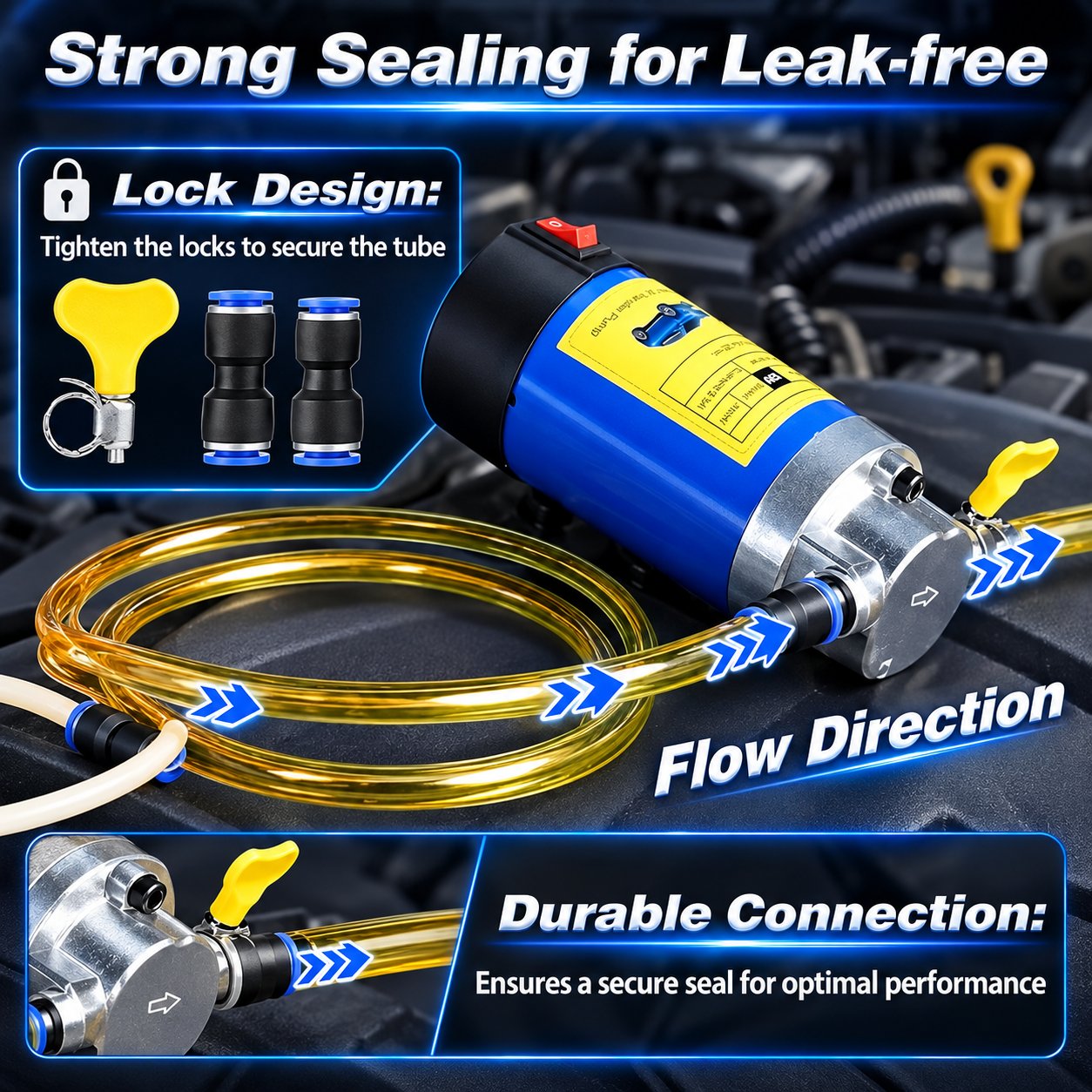 Oil pump hose connectors, outlet clamp and marked oil flow direction