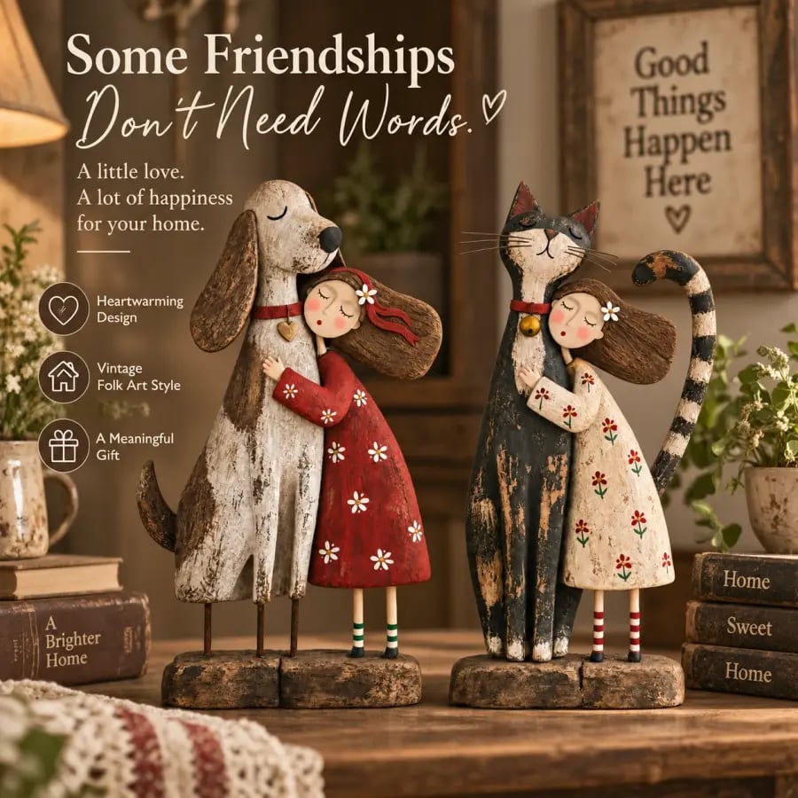 Girl hugging her dog and cat folk art figurines in a warm home