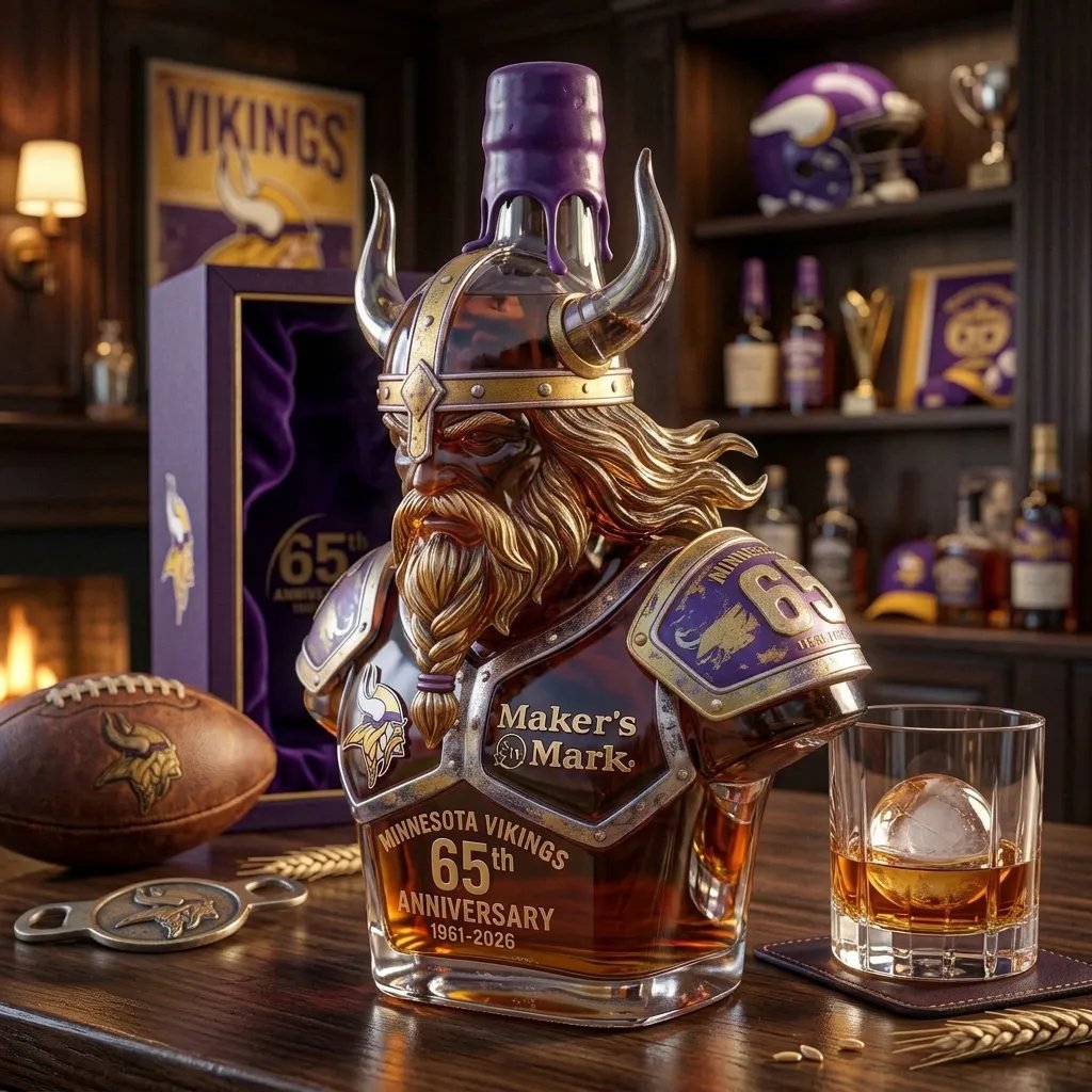 Purple and gold 65-year warrior whiskey bottle