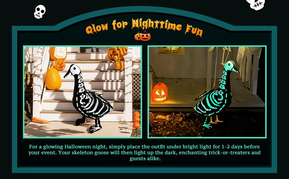 Halloween Porch Goose Outfits Glow in the Dark Skeleton Pumpkin Costume Clothes Accessories for 23'' Plastic/ Cement Goose Statue, Halloween Outdoor Patio Yard Lawn Decoration