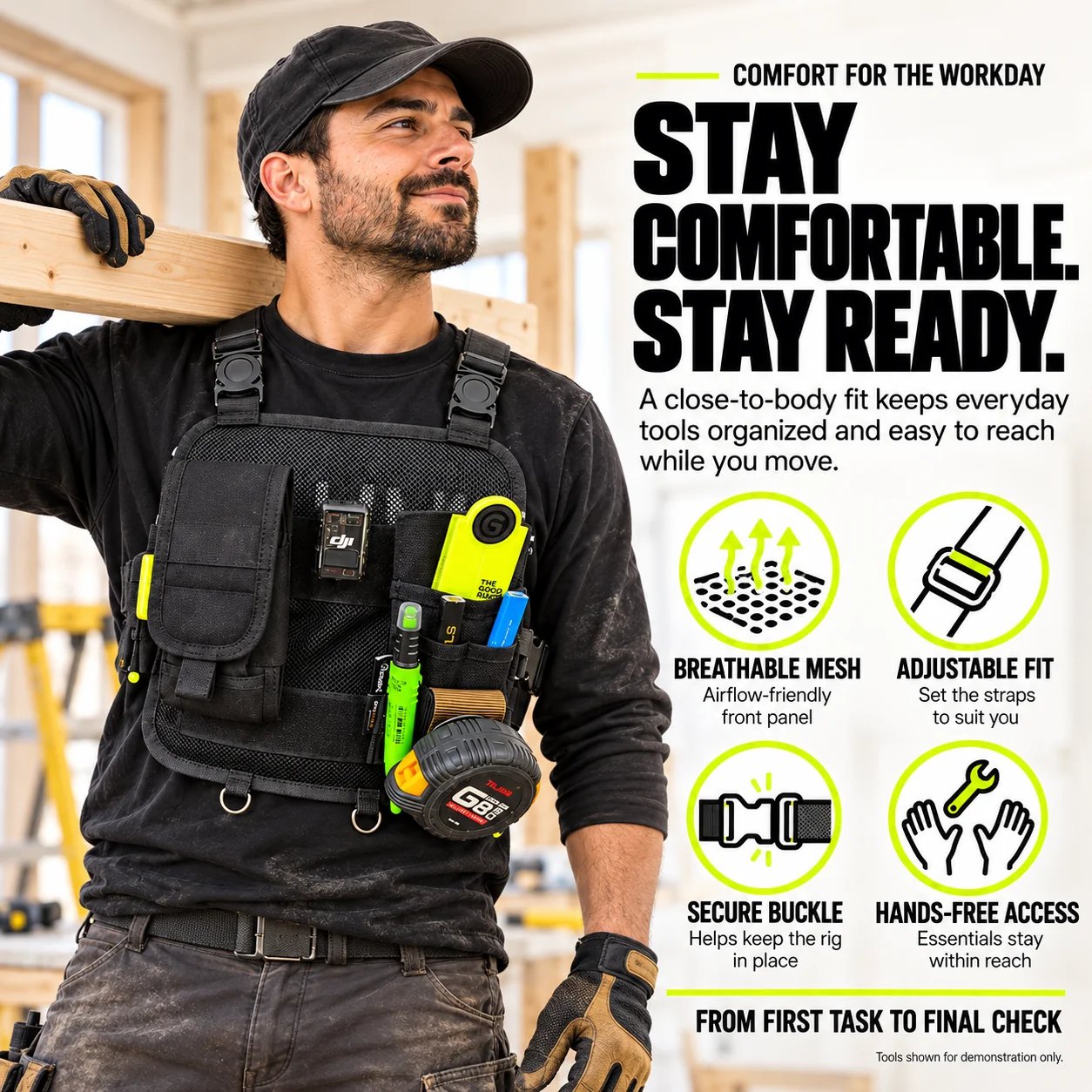 Chest-mounted tool organizer overview