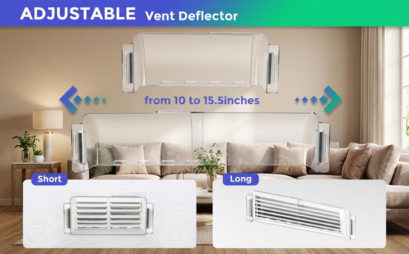 2 Pack Air & Heat Deflector for Vents – fits sidewalls & ceiling registers, adjusts 8.5"-15", redirects airflow exactly where you need it.tool-free installation,saves energy while keeping you comfortable,no more direct cold/hot air blasts outdoorfun 2 Pack Air & Heat Deflector for Vents – fits sidewalls & ceiling registers, adjusts 8.5"-15", redirects airflow exactly where you need it.tool-free installation,saves energy while keeping you comfortable,no more direct cold/hot air blasts outdoorfun