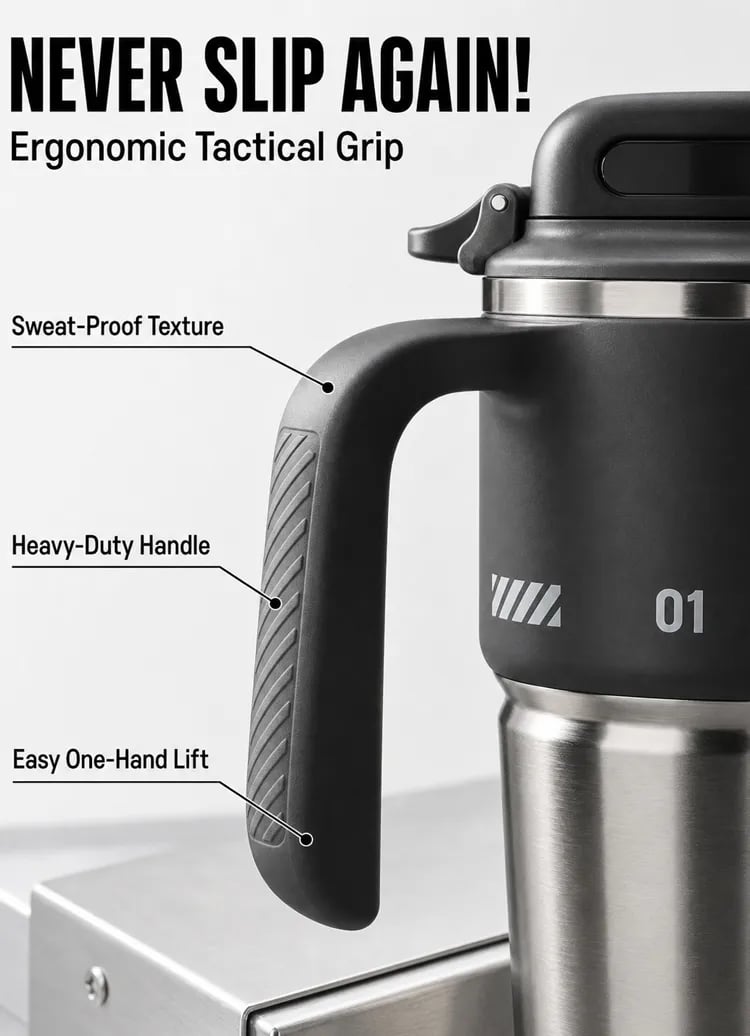 heavy duty ergonomic handle on insulated tumbler