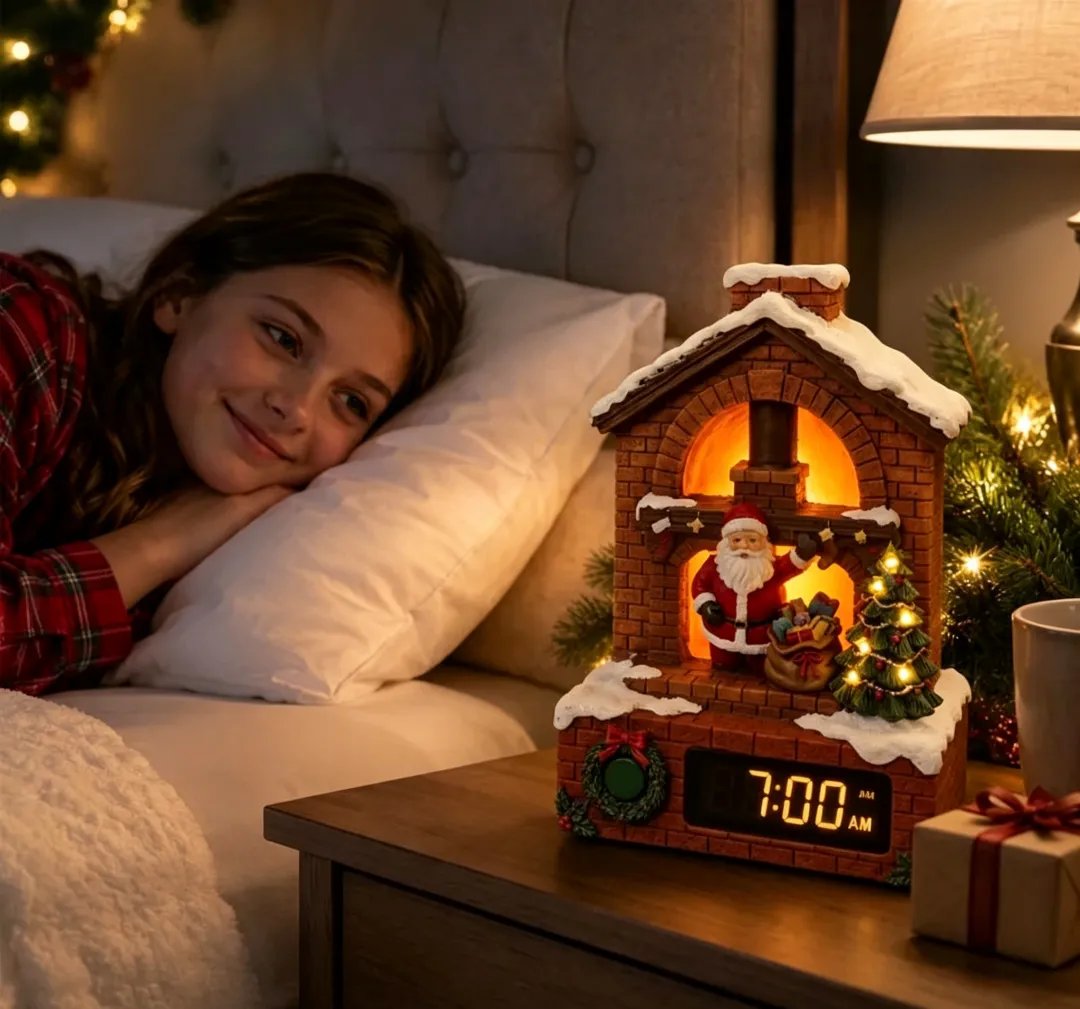 Warm LED Santa fireplace night clock
