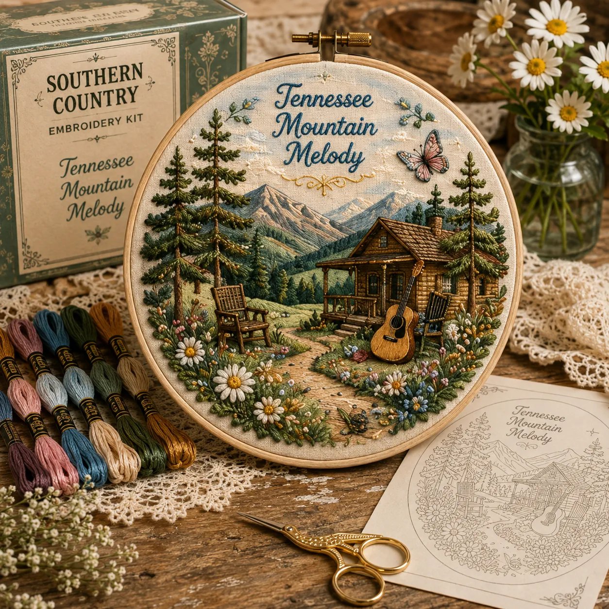 Tennessee Mountain Melody cabin and guitar embroidery kit design