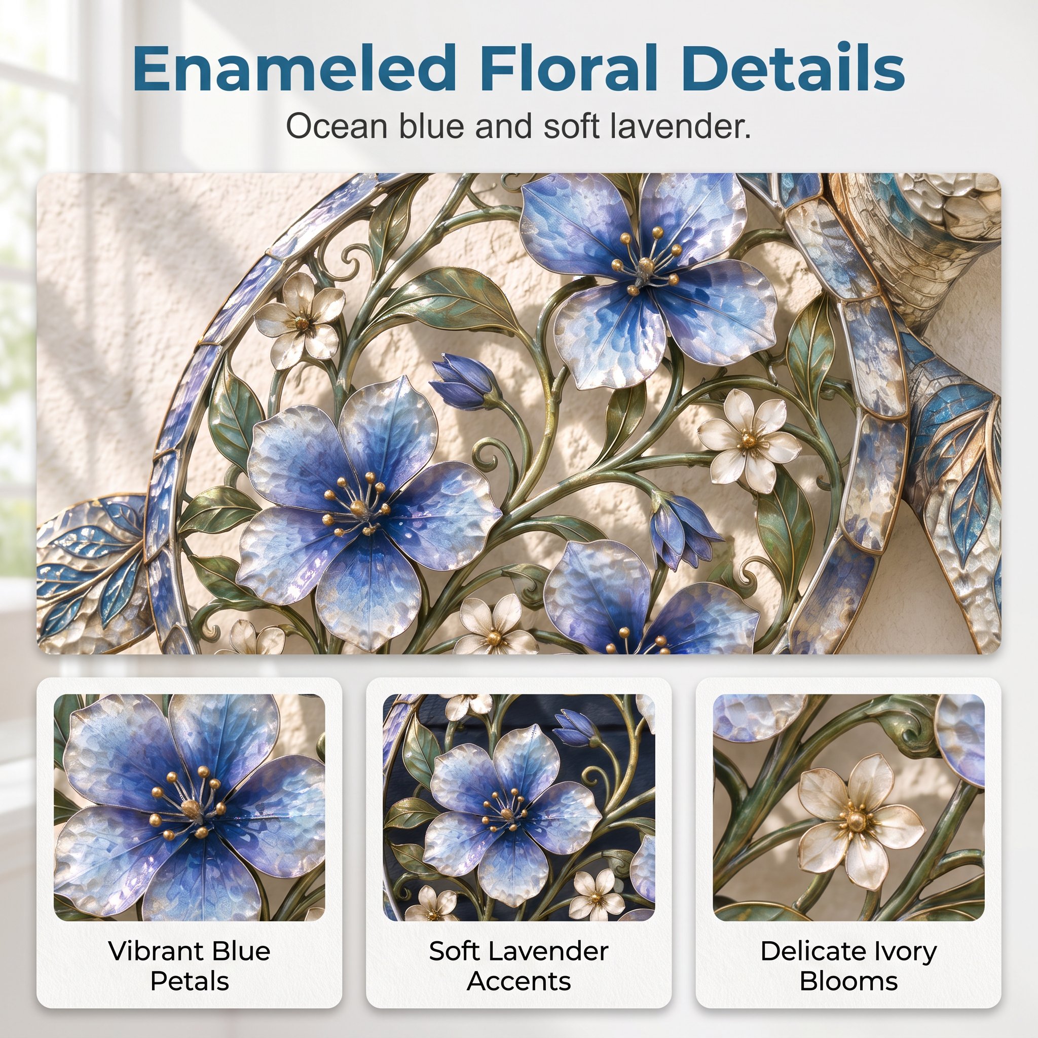 Openwork floral shell detail โ blue blossoms, ivory flowers, curled vines