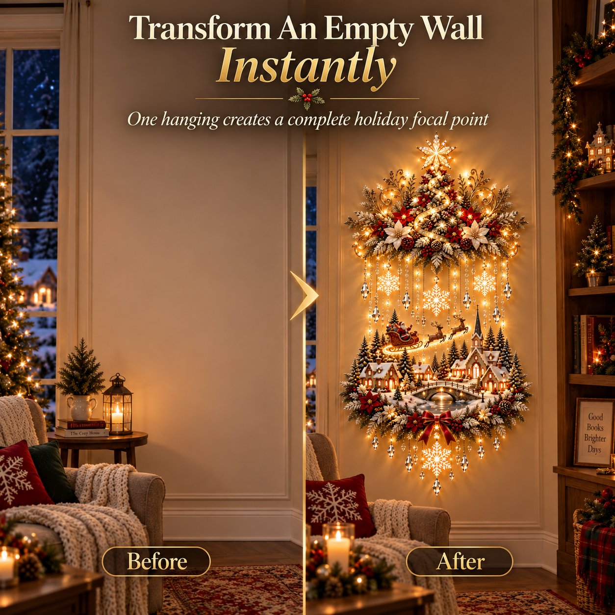 Source styling comparison showing an empty wall and the same area with the Christmas wall hanging