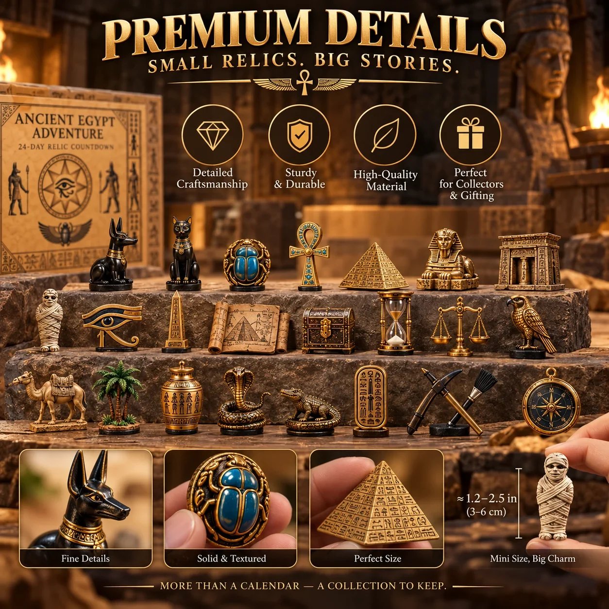 Close-up views of Ancient Egypt inspired mini relic collectibles