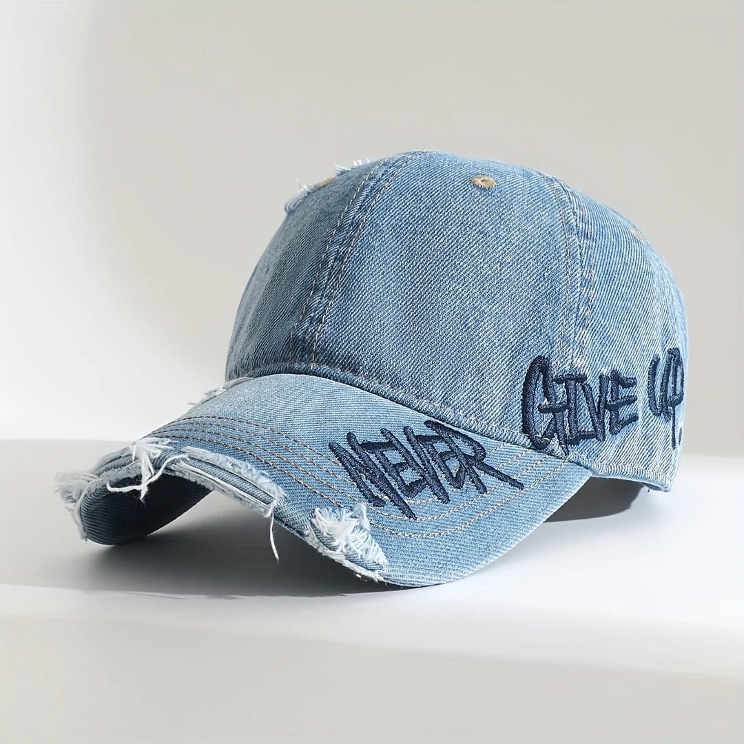 Washed denim cap with graffiti embroidery