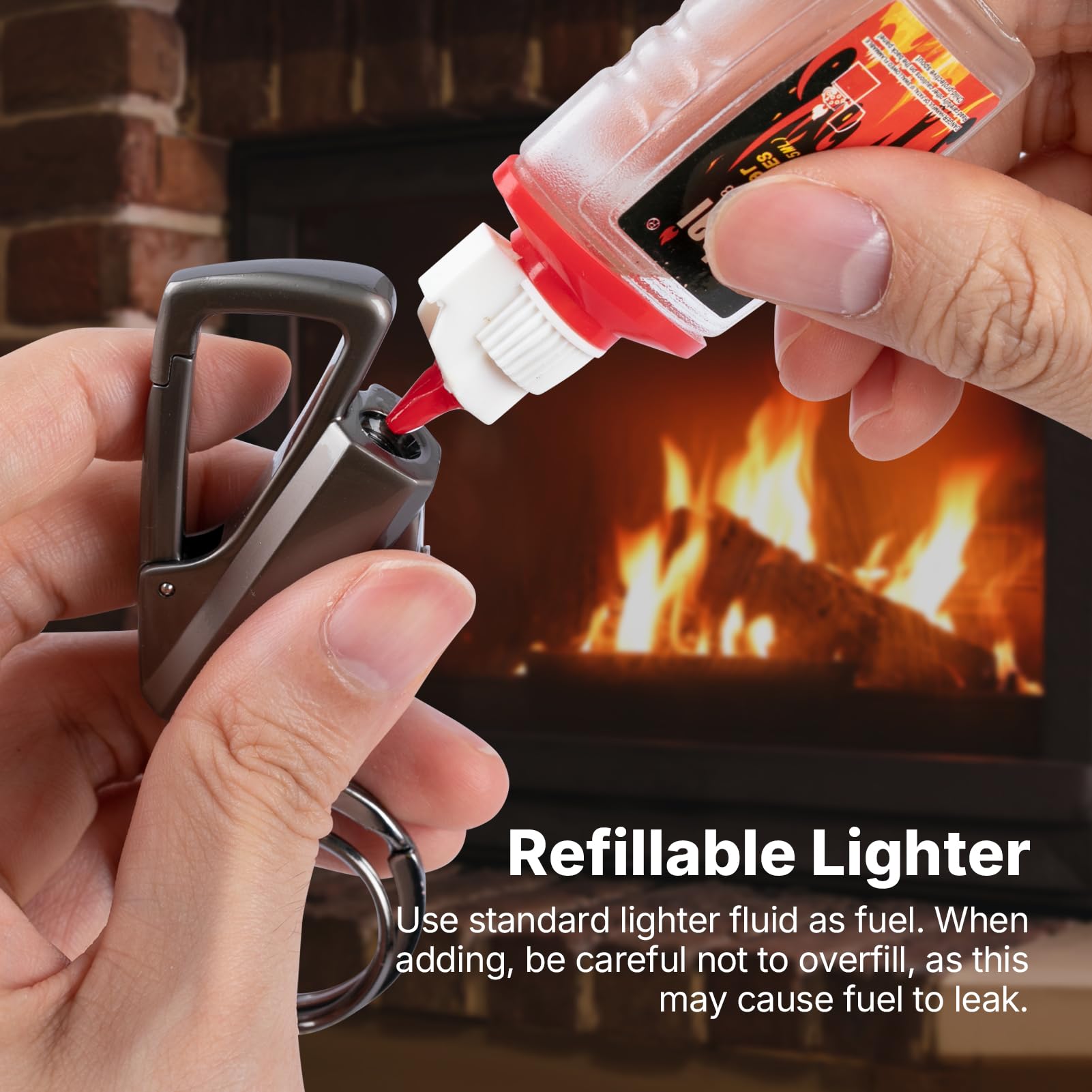 Standard lighter fluid being added to a refillable permanent match keychain