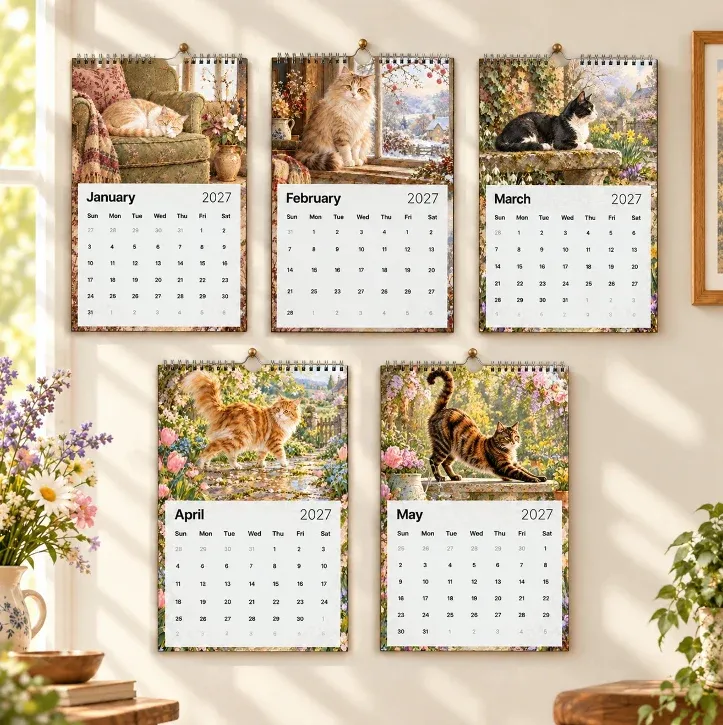 Cottage cats calendar monthly artwork preview